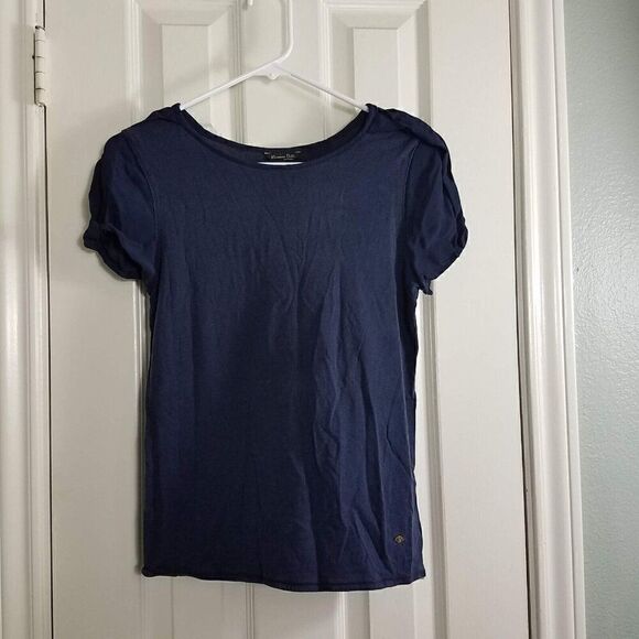 Massimo Dutti S Short Sleeve Navy Blouse Scoop Neck Casual Career Stretch Small - Picture 7 of 14